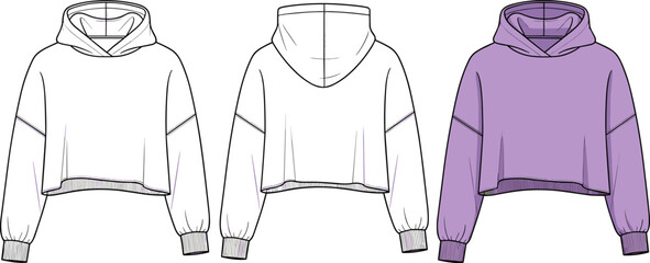 Women's Cropped Hoodie Technical Sketch Flat Vector Illustration Set with Front and Back Views © ASH Labs