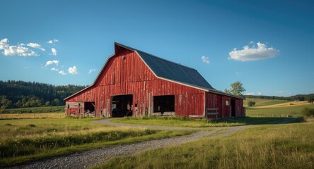 Obraz premium Rustic barn painted red in a tranquil rural landscape under blue sky