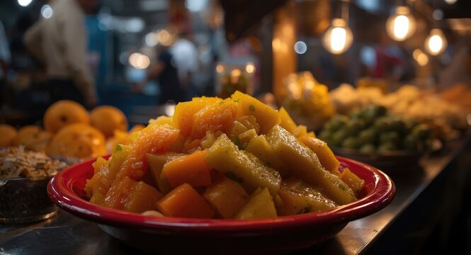 Mixed tropical fruit salad with fresh slices presented in a red dish at a street food market stall featuring rujak buah
