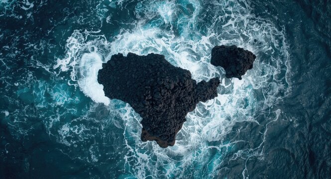 Volcanic rock formations surrounded by frothy ocean waves in aerial image