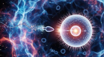 Obraz premium A vibrant, digitally rendered image showcases the intricate process of fertilization. A sperm cell, depicted with a detailed head and tail, forcefully penetrates a human egg cell