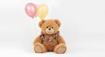 Fototapeta premium Watercolor art showing a teddy bear adorned with balloons and garland on a smooth white backdrop