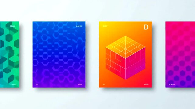 Abstract geometric posters with colorful gradients and cube designs.