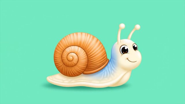 A cartoon snail with a large shell moves slowly in a calm environment
