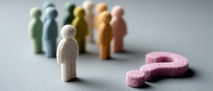 Felt human figures standing near a large pink question mark symbolizing uncertainty and decision making in a group context with soft focus background