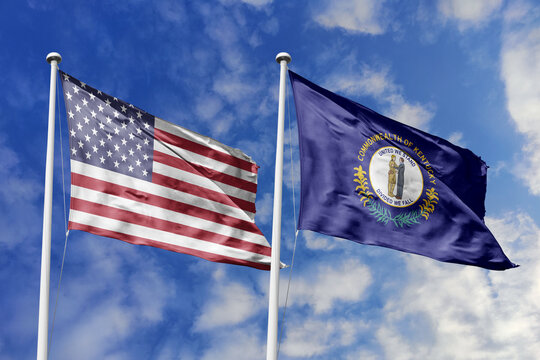 United States and Kentucky State Flags Waving in Unison Against a Blue Sky Representing Federal Unity Bluegrass Heritage Frontier Strength and the Historic Spirit of the American Commonwealth