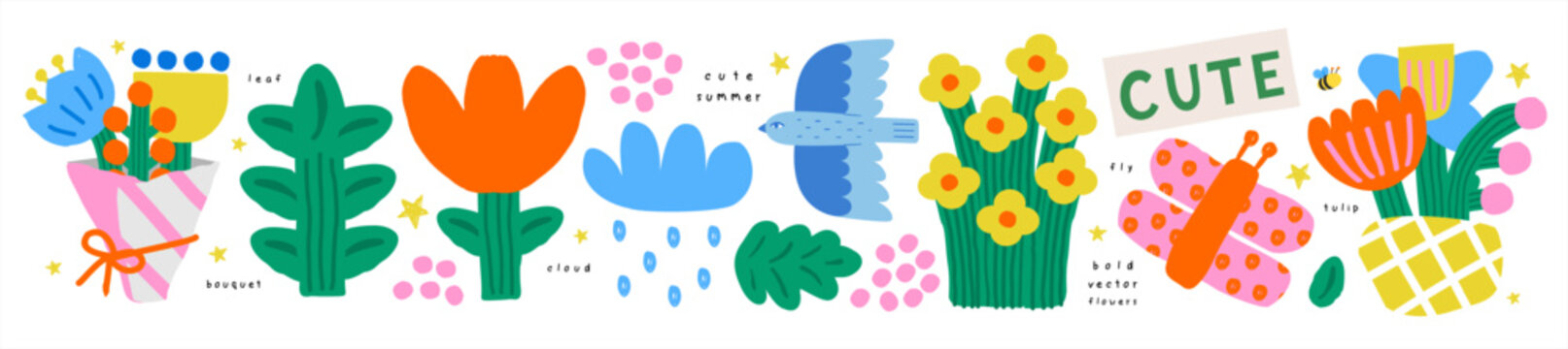 Nature. Naive summer and spring children's bold flower. Vector isolated cute illustrations of a leaf, tulip, bouquet, cloud with rain, bird and butterfly on a transparent background for sticker, print