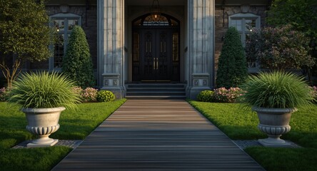 Obraz premium Sophisticated residential entrance with wooden footpath and vibrant grass pots