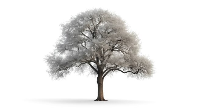 Tall hackberry tree alone on a pure white abstract background