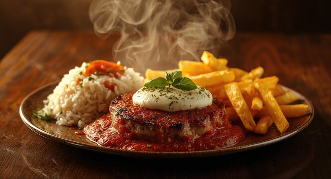 Sizzling filet parmegiana steak served with aromatic rice and hot fries