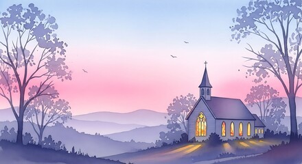 Fototapeta premium Watercolor illustration of a church in a landscape