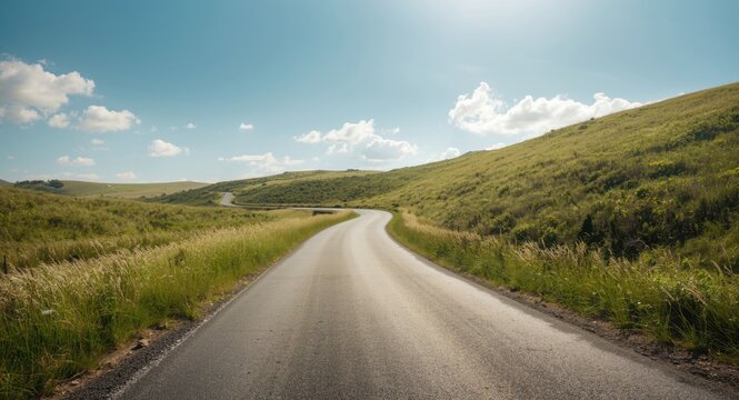Asphalt road bending through dense grass covered hills under a bright sky