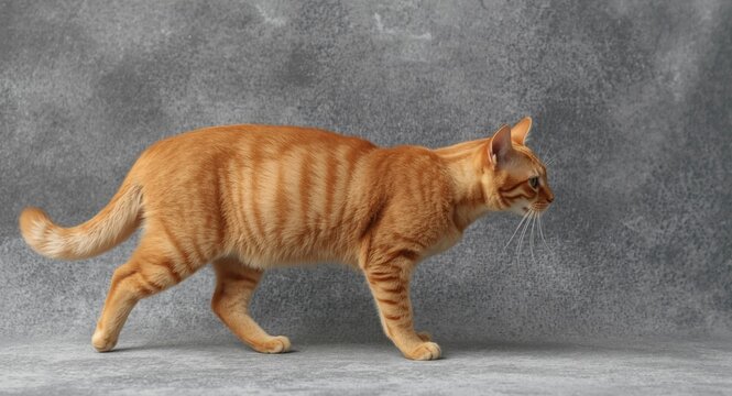 Smooth walking motion of ginger cat captured against a tactile textured backdrop