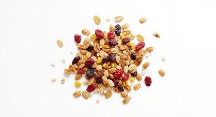 Fototapeta premium Top view picture of oat cereal with dried fruits and sunflower seeds on pure white background space for text