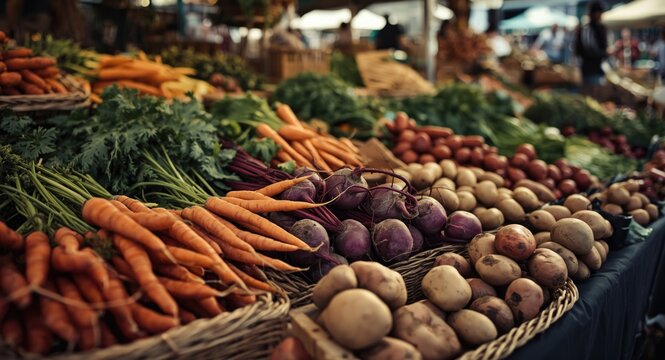 Freshly gathered root vegetables displayed at bustling open air farmers market