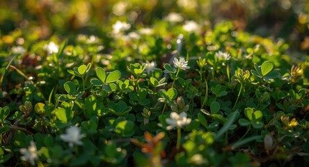 Bright clover plant foliage illuminated by sunlight