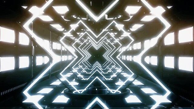 Dynamic 3d animation loop, a futuristic VJ 3d video with glowing neon. Perfect Loop Vj background for DJ performances, evoking a robot cyber journey
