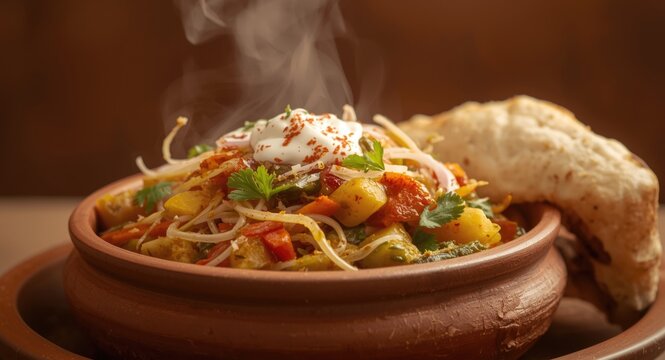 Popular Indian misal pav snack with spicy sprouts and fresh vegetables