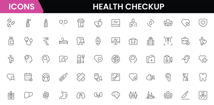 Health checkup icons depicting medical examination, stethoscope, heartbeat, diagnostics, hospital, doctor consultation, tests, reports, wellness, prevention, monitoring, clinic, healthcare, appointmen
