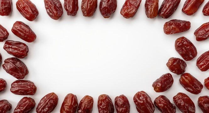 Ripe Khalas dates laid out on clean white background