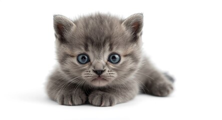 Obraz premium Sharp close up of an adorable little gray kitten posed on a bright white background