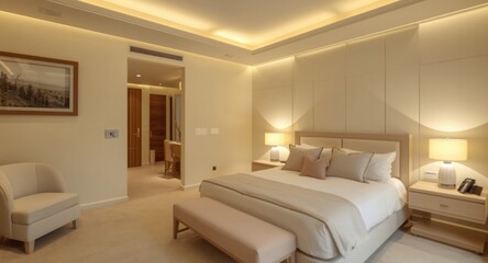 Elegant bedroom design in pale yellow tones with polished plaster finish and subtle warm lighting accents