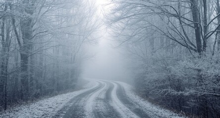Fototapeta premium Misty winter forest path with frosty trees and clear trail