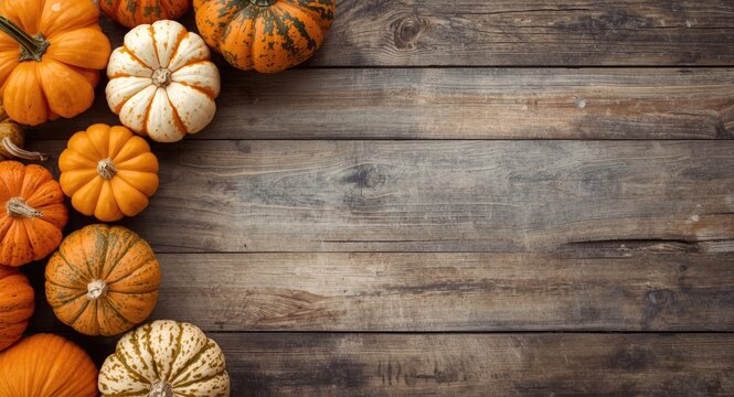 Top angle of Halloween pumpkins on a rough vintage wooden table with copy space