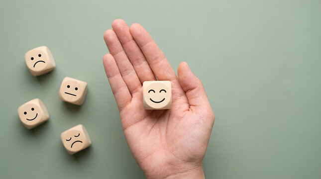 Hand holding happy face cube, surrounded by sad, neutral, and happy emotion blocks