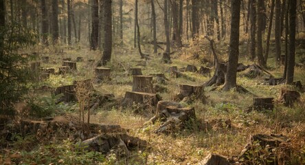 Fototapeta premium Forest clearing filled with tree stumps and low ground vegetation