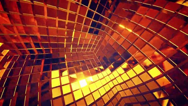 Dynamic golden grid reflecting light, an engaging 3d animation VJ loop. Ideal 3d video for a DJ set, evoking futuristic robot textures and vibrant energetic visuals