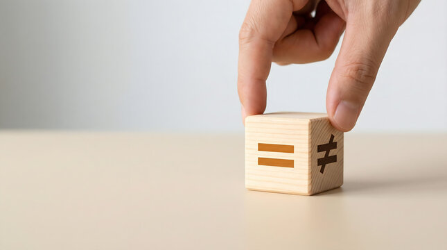 Hand placing cube with equal and not equal symbols, concept of choice and difference.