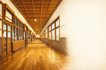 昭和レトロな学校廊下の背景素材(AI生成画像)