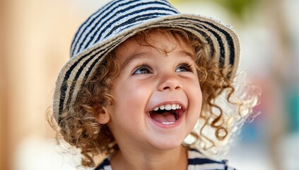Fototapeta premium Happy Little Girl Wearing Striped Hat Laughing Outdoors In Sunlight Showing Joy And Excitement Childhood Innocence And Summer Fun Headshot Portrait