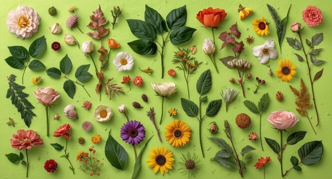striking flower and leaf collage with diverse flora arranged on a bright green background