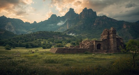 Impressive mountain backdrop highlighting archaeological ruins nestled in a tranquil valley with dense fields and mood-rich skies
