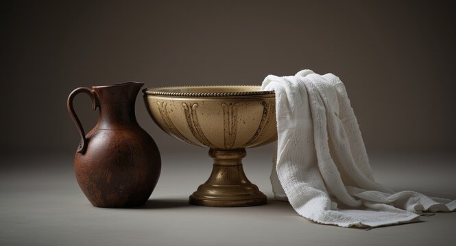 Religious rite of foot washing featuring basin jug and towel as Holy Week symbols