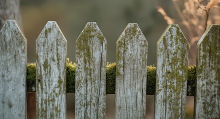 Macro shot of a mossy white wooden fence adding organic detail to landscape design