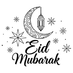 Elegant Eid Mubarak Calligraphy Vector with Crescent Moon and Islamic Lantern Line Art Illustration