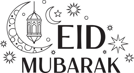 Elegant Eid Mubarak Calligraphy Vector with Crescent Moon and Islamic Lantern Line Art Illustration