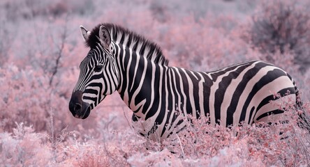 Fototapeta premium Wildlife infrared photo of a zebra against a gentle pink aquamarine and light gray nature background