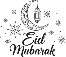 Elegant Eid Mubarak Calligraphy Vector with Crescent Moon and Islamic Lantern Line Art Illustration