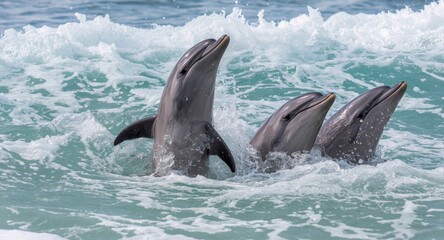 Fototapeta premium Playful dolphins swimming near ocean waves with copyspace for text