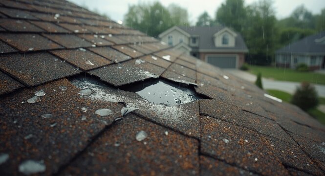 Roof shingles damaged by hail prominently displayed in home condition check