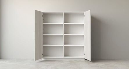 Fototapeta premium Vertical image of an open white cabinet featuring empty display shelves with white wood finish and light grey wall background