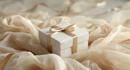 Obraz premium Square white present wrapped in soft tissue paper and adorned with a thin ribbon