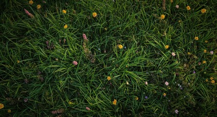 Overhead scene of a dense green grass lawn accompanied by radiant wildflower patches
