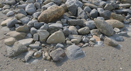 Artistic composition of bedrock and cobblestone stones on a coastal beach