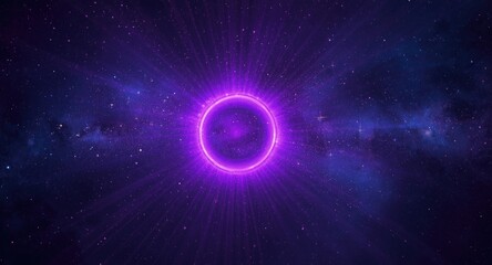 Mystical purple celestial circle emitting violet rays in a blue starry galaxy