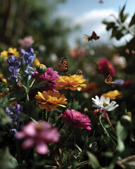 Obraz premium A lush floral garden bustling with bees and butterflies, embodying the lively interaction and beauty of nature, reflecting ecological importance and vibrant life.